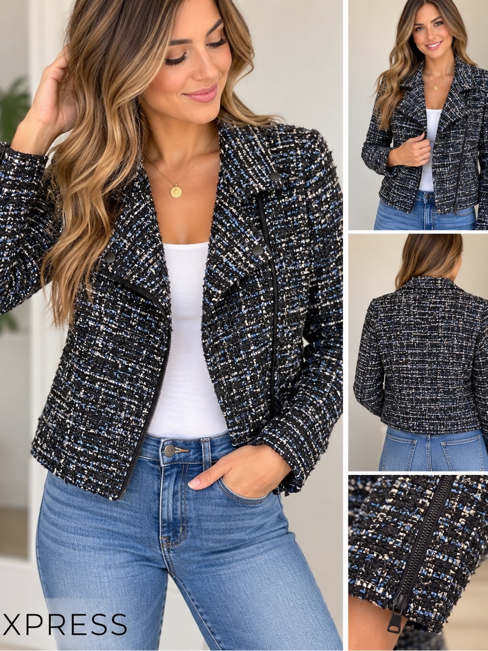 Express S/P Tweed Moto Jacket Black Blue Metallic Textured Zip Up Petite Small